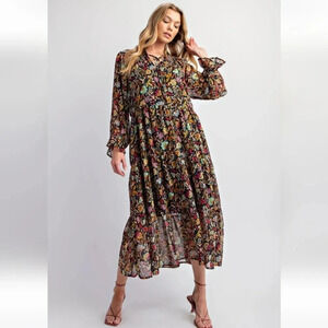 New Easel Black Floral Chiffon Midi Dress